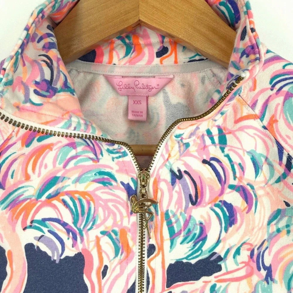 Lilly Pulitzer XXS Skipper Popover Gimme Some Leg Flamingo UPF 50 Terry Half Zip